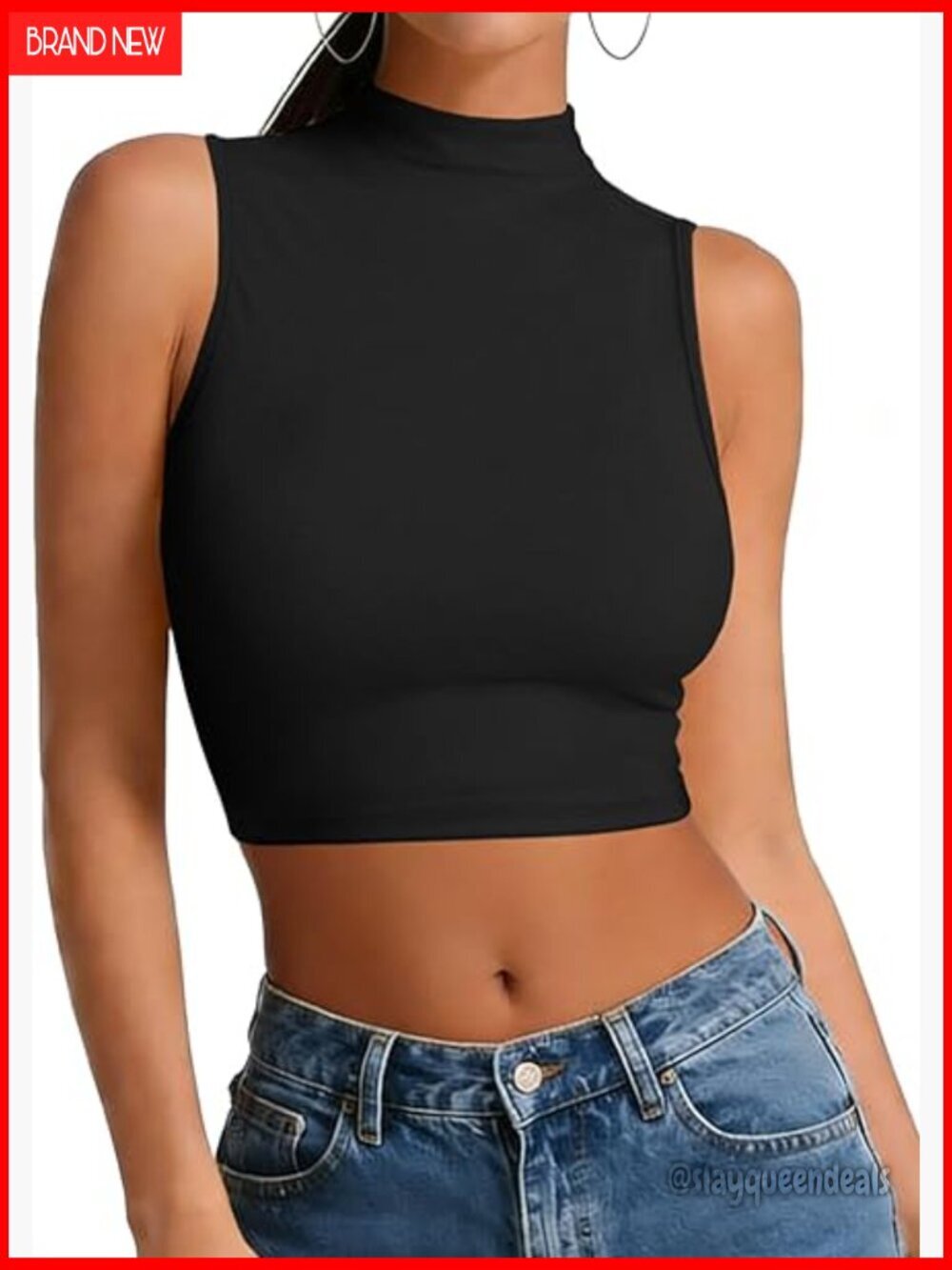 Slim Fit Crop Tank Top Turtle Neck Sleeveless Summer Casual